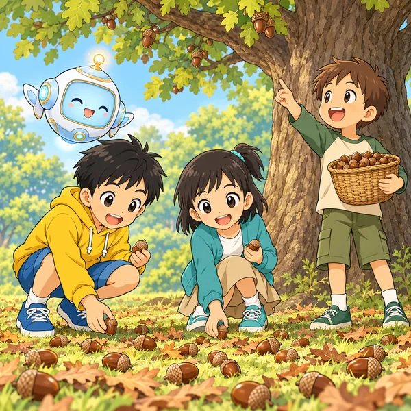 大きなどんぐりの木の下で、友だちが木を指さし、ハルとミオがどんぐりを見つけて喜んでいる。