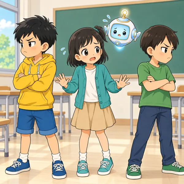ミオが、けんかしたハルと友だちのあいだで困っている。