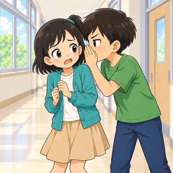 友だちがミオに耳打ちしようとして、ミオが少し体を引いている。