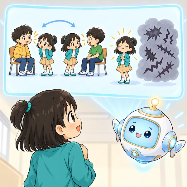 AIロボットが、真ん中の子が二人の話を順番に聞く絵を見せている。