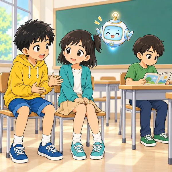 ミオがハルの話を聞き、けんか相手の子は少しはなれた所で落ちついている。