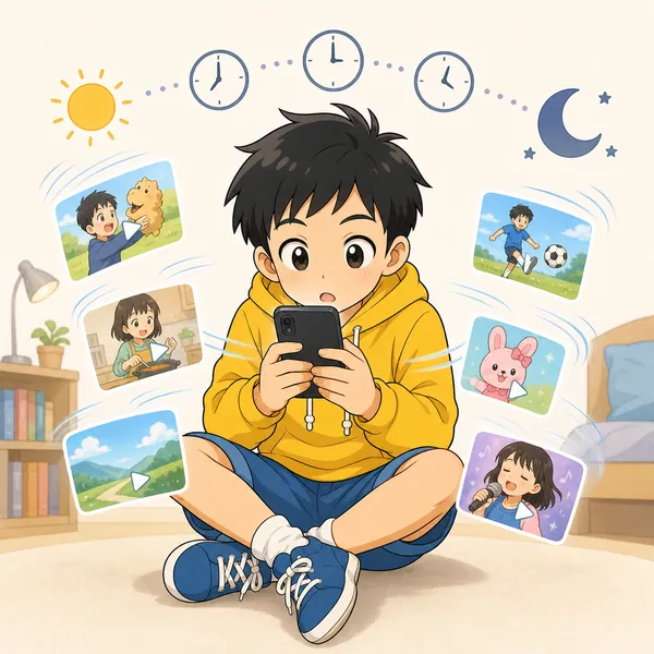 4コマ「動画・ショートは 時間を決めて」の1コマ目