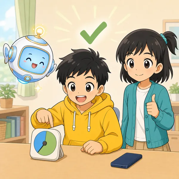 4コマ「動画・ショートは 時間を決めて」の4コマ目
