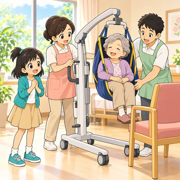 職員二人が、持ち上げる補助の道具を使ってお年寄りを支えるのを、ミオが見ている。