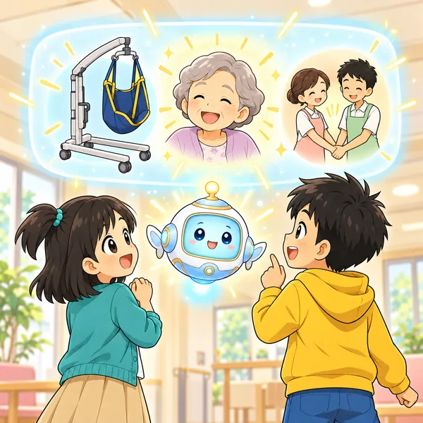 AIロボットが、道具と人の手助けのマークを見せている。