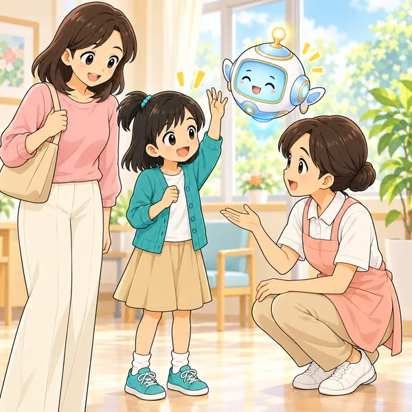 ミオが職員さんに、どんな工夫があるか質問している。