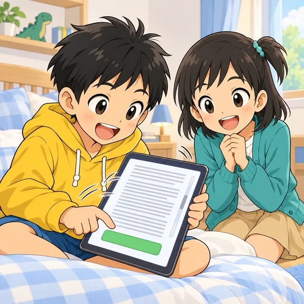 ハルが長い規約の画面をとばして、同意のボタンを押そうとし、ミオがとなりにいる。