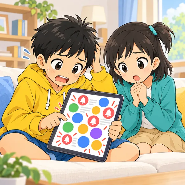 タブレットに知らないお知らせの印がたくさん出て、ハルが困っている。