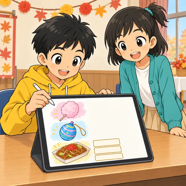 集会所で、ハルが絵と説明がはなれた出店の案内を作っている。