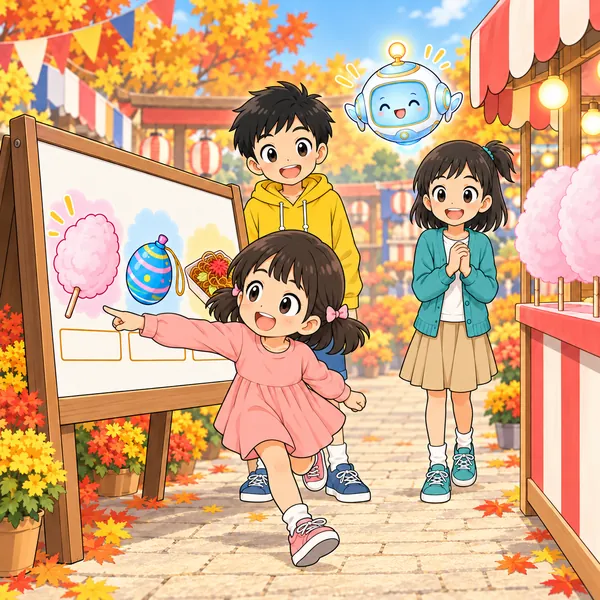 直した案内を見て、ハルの妹がわたあめの出店へうれしそうに走っていく。