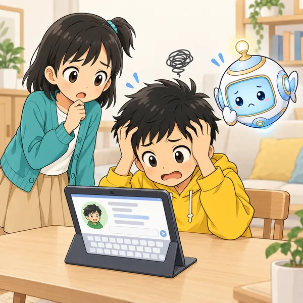 ハルが、長い文を打とうとして頭をかかえている。