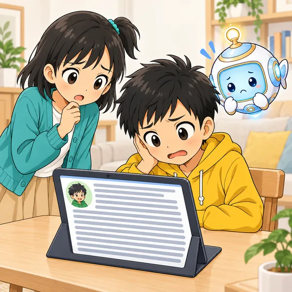 長い文が並んだ画面を見て、ハルが困っている。