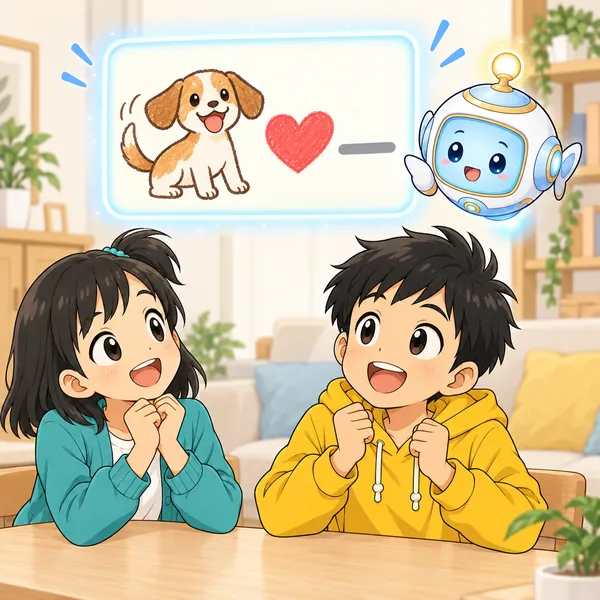 AIロボットが、犬とハートの絵だけの画面を見せている。