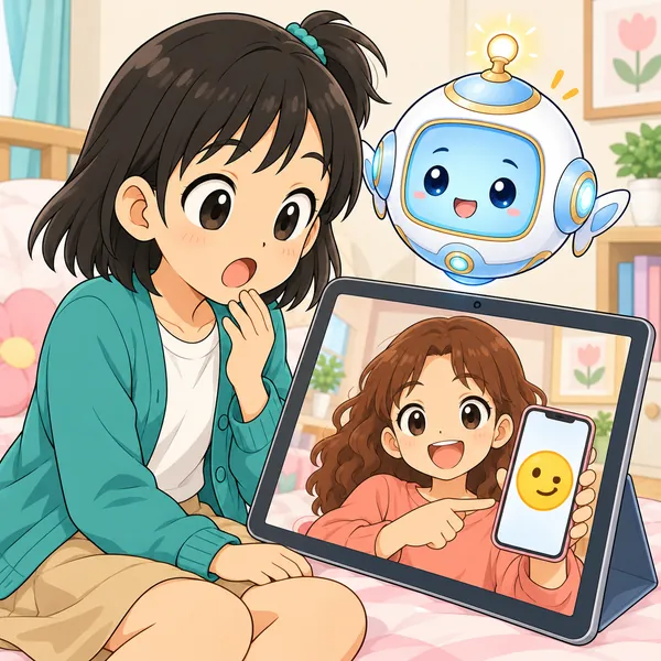 画面のいとこの機械では、絵文字がちがう形に見えていて、ミオがおどろいている。