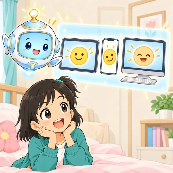 AIロボットが、同じ絵文字を3つの機械で並べて見せている。