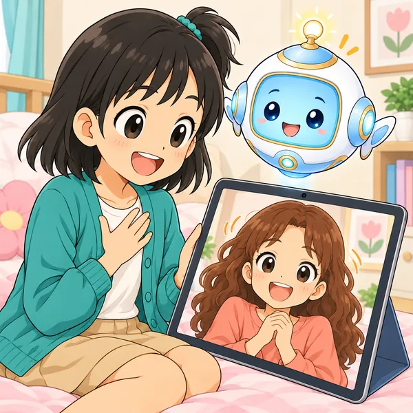 ミオがことばでも気持ちを伝え、画面のいとこが笑ってうなずいている。