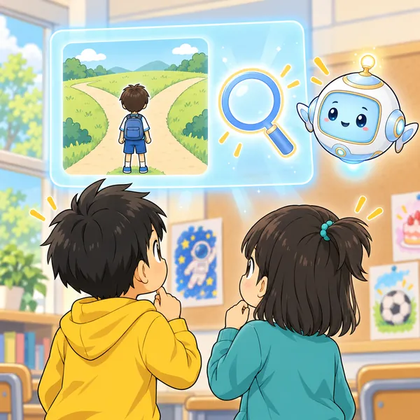 AIロボットが、分かれ道の前の子どもと、虫めがねのマークを見せている。