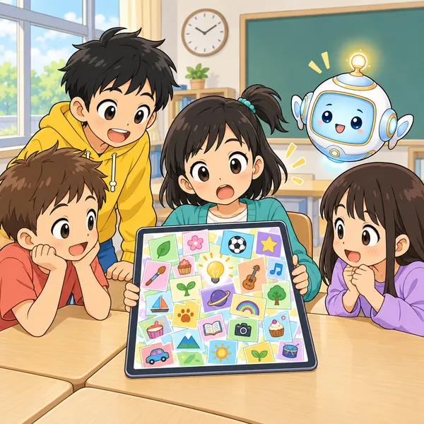 班の机で、ミオがタブレットにたくさん並んだ案を見てびっくりしている。