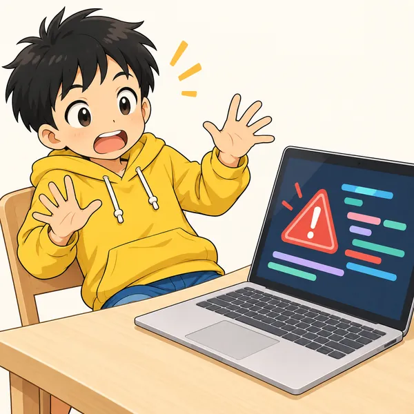 ノートパソコンに赤い警告が出て、ハルがのけぞっておどろいている。