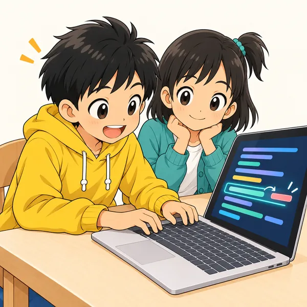 ハルがコードを直し、ミオがとなりで画面を見ている。