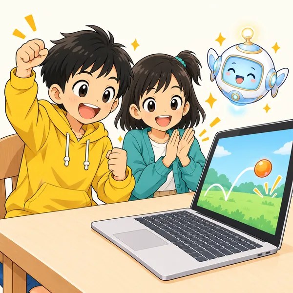 作ったものが動き出し、ハルがこぶしをにぎって喜んでいる。