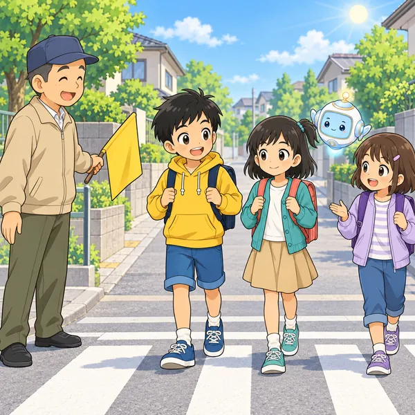朝の通学路で、見守りのおじさんがほほえんでいる。