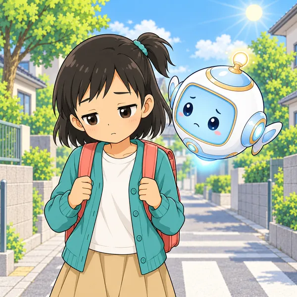 ミオがねむそうにうつむいて歩いている。