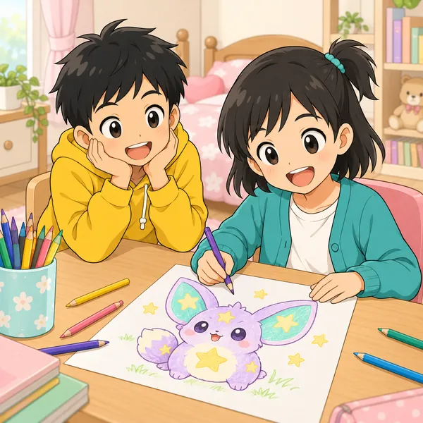 ミオの部屋で、ミオが大きな耳の空想のキャラクターを色えんぴつで描き、ハルが見ている。