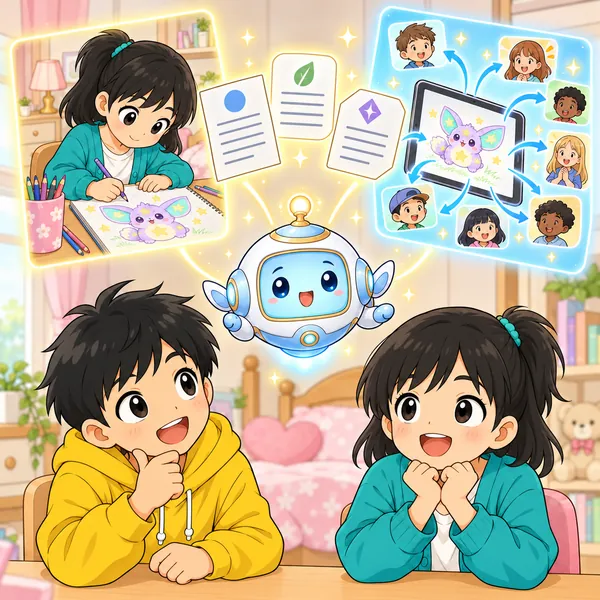 AIロボットが、ノートで楽しむ子と、画面の外へ広がる絵の2つの場面をうかべている。