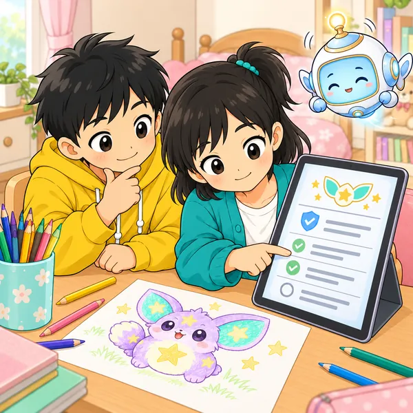 ミオとハルが、公式サイトの約束のページを一緒にじっくり見ている。