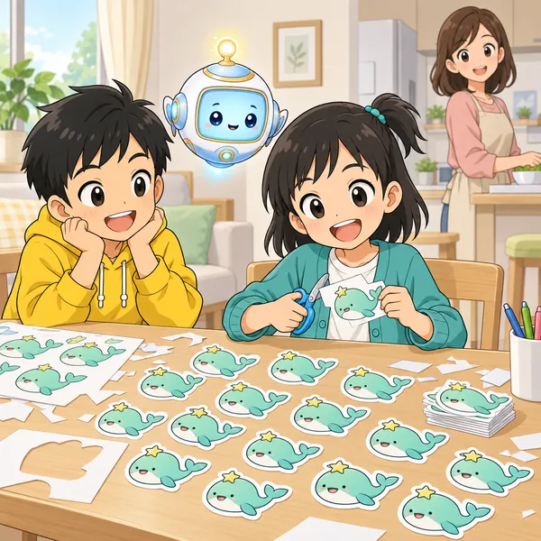 ミオが、推しのキャラの絵のシールをたくさん作って配ろうとしている。