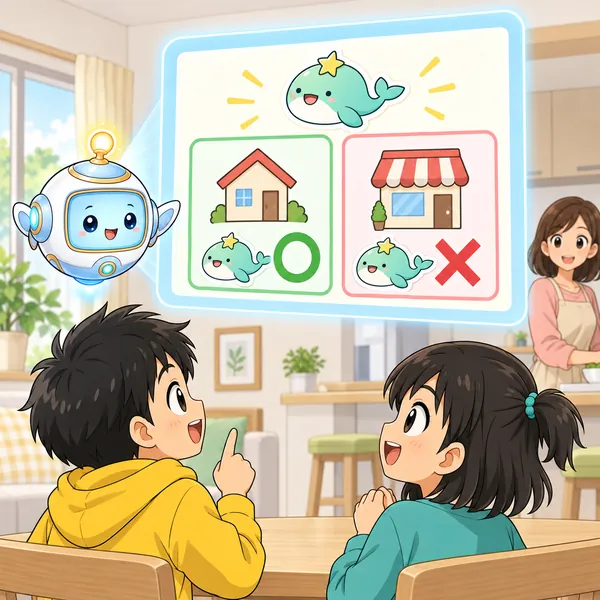 AIロボットが、公式サイトにファンの作品のルールのページがある絵を窓に見せている。