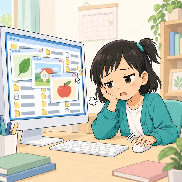 ミオがマウスで次々とファイルを開いては閉じ、目当てのものが見つからずに疲れている