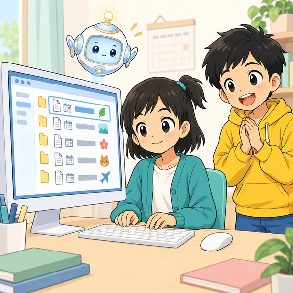 アイが浮かび、ミオがキーボードで日付と内容を入れた名前に付けかえている