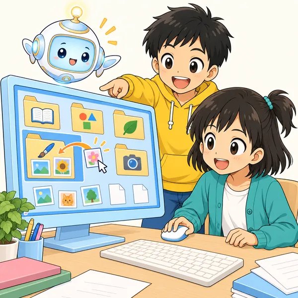 ハルとアイが、教科ごと・作ったものごとにフォルダを分けるやり方を見せている