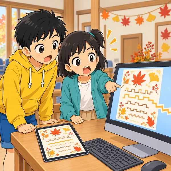 パソコンで開いた案内の字の形がかわって行がずれ、ミオとハルがおどろいている。