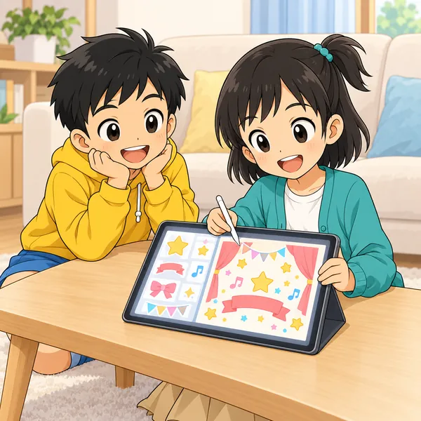 リビングで、ミオがタブレットでポスターを作り、画面に星やリボンのイラスト素材が並んでいる。