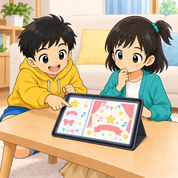 ハルが星のイラストを指さしてうれしそうにし、ミオが考えこんでいる。