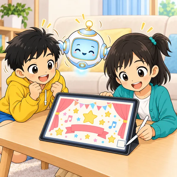 ミオがポスターのすみに小さな枠を足し、ハルとAIロボットがうなずいている。