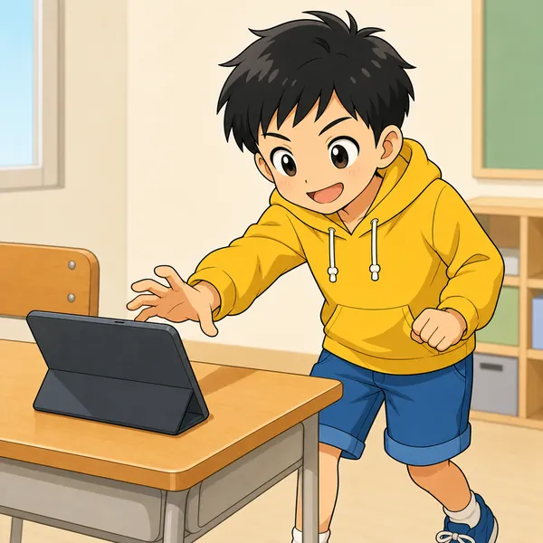 ハルが、机に置きっぱなしの他人(友だち)のタブレットを見つけ、いたずら心のある表情で手を伸ばそうとしている