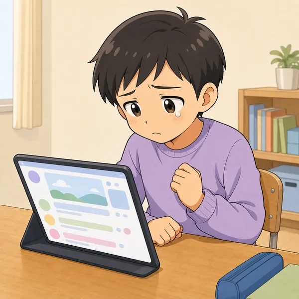 想像の場面。持ち主の別の小学生の子が、自分が書いていない書きこみを見て、とまどい悲しむ表情をしている