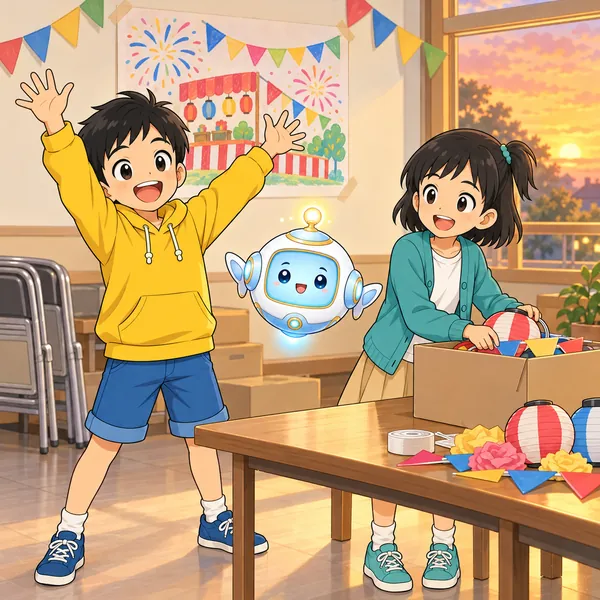 お祭りが終わった集会室で、ハルが両手を上げて喜び、ミオと片づけをしている。