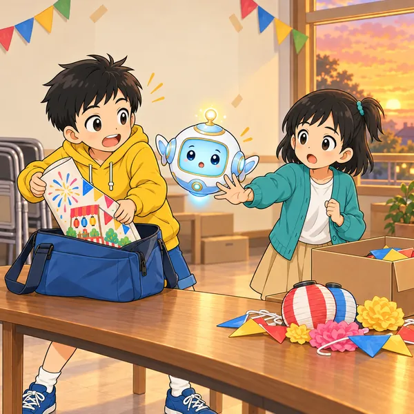 ハルがポスターを丸めてしまおうとし、ミオが手をのばして止めている。