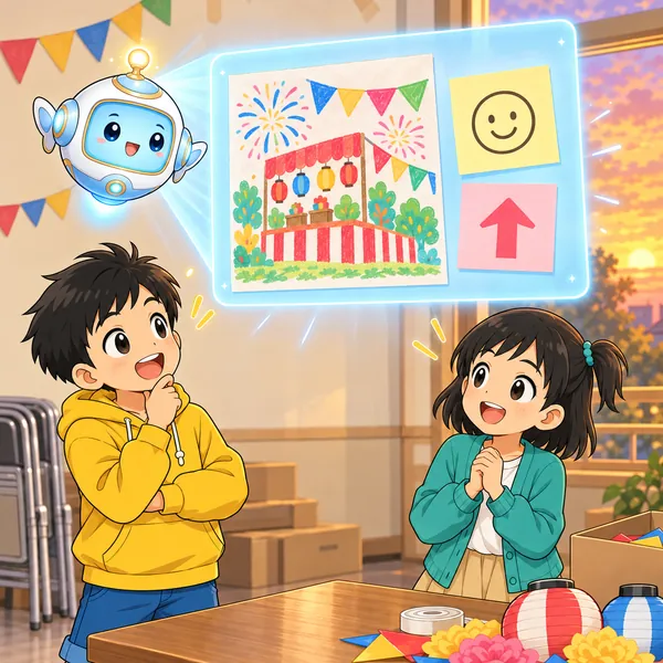 AIロボットが、ポスターの横ににこにこの印と矢印の印の付箋をはった窓を見せている。