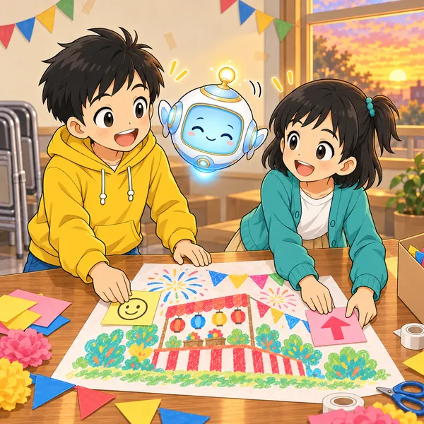 ハルとミオがポスターを広げ、付箋をはりながら楽しそうに話している。