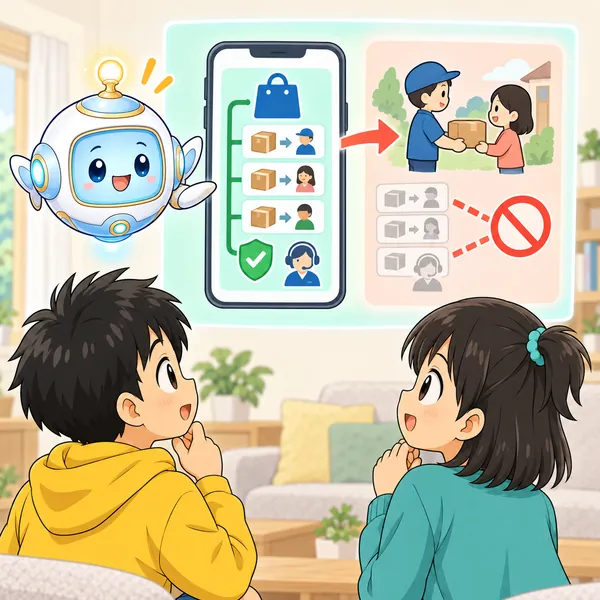 アイが、アプリの中なら記録が残り、外に出ると助けてもらえないことを図で見せている