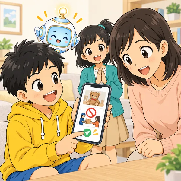 ハルが断りの返事を送り、その画面を家の人に見せている