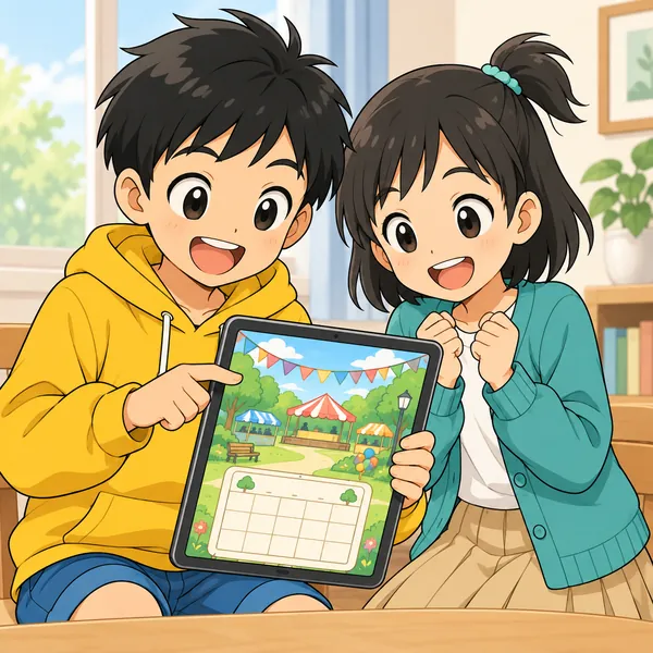 ハルとミオが、タブレットで見つけた公園のページを見て「今日はイベントがある」と喜んでいる