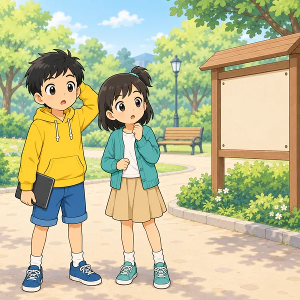 二人が公園に着くと、だれもいない。看板には何も書かれておらず、二人ともぽかんとしている