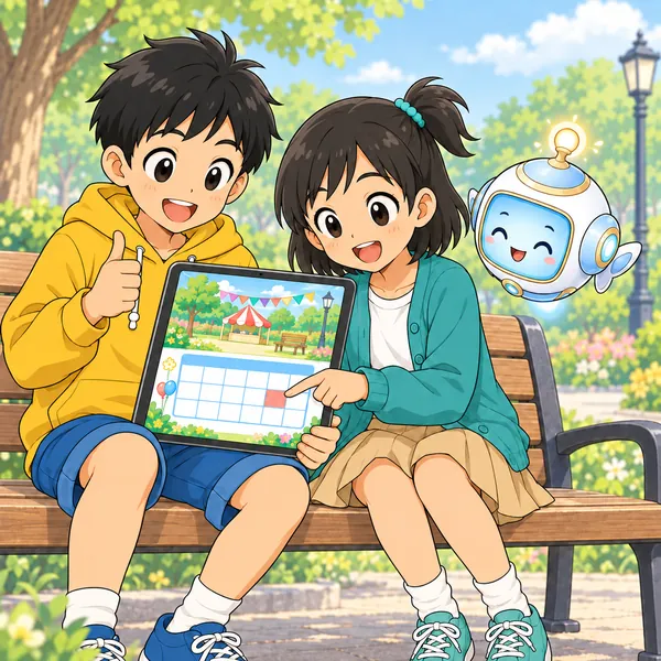 二人が公園のベンチで、タブレットの新しいお知らせを日付つきで確かめてから、次の予定を決めている